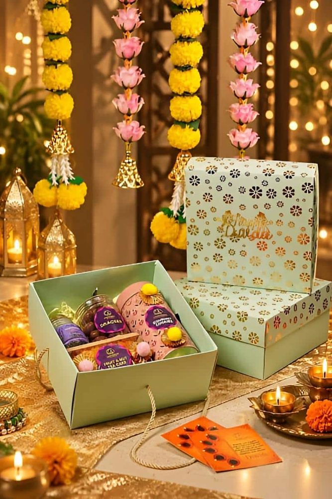 Jhilmil dessert gift hamper among festive lights
